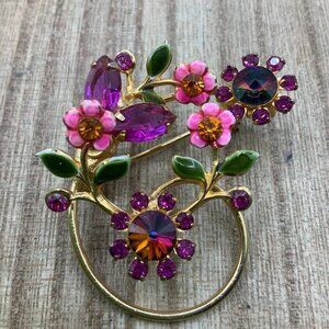 Floral Rhinestone Purple Pink Vintage Gold Tone Brooch